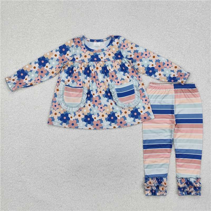 RTS NO MOQ Baby Girls Long Sleeve Outfits GLP2144 Blue Flowers Pockets Tunic Top Legging Clothes Sets
