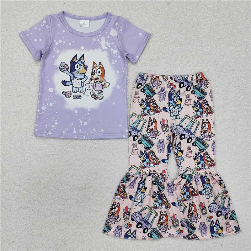 RTS NO MOQ Baby Girls Summer Kids Sets GSPO1788 Lavender Dog Easter Rabbits Shirt Bell Pants Clothes Sets
