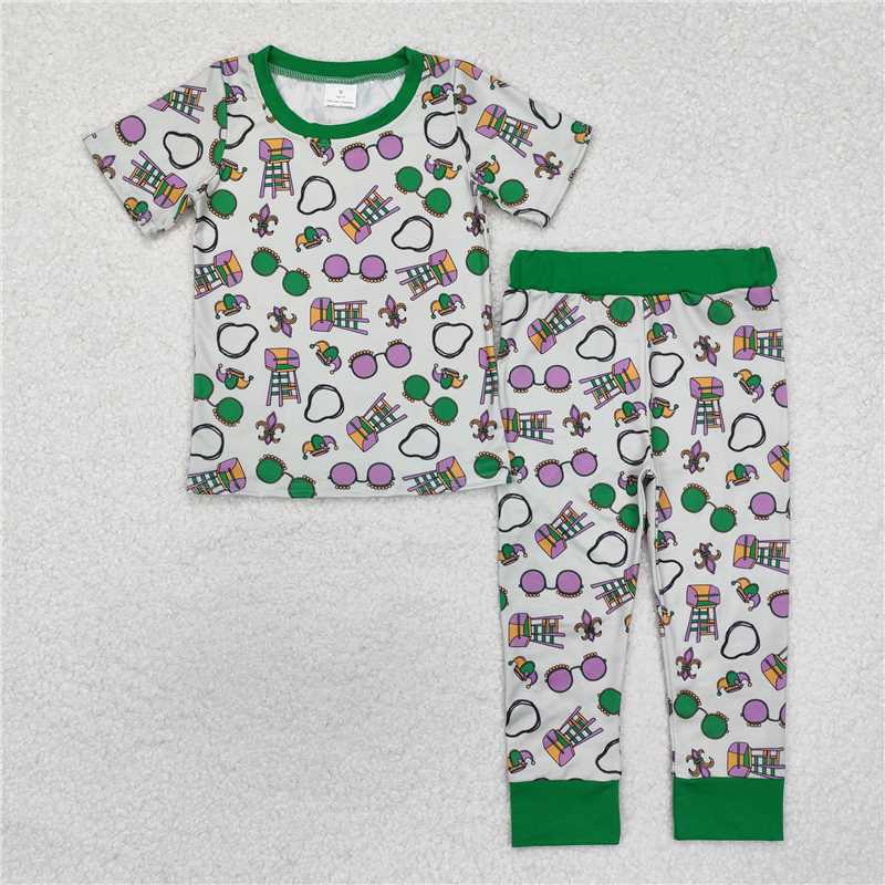 RTS NO MOQ Baby Boys Summer Sets BSPO0495 Green Mardi Gras Top Pants Pajamas Clothes Sets