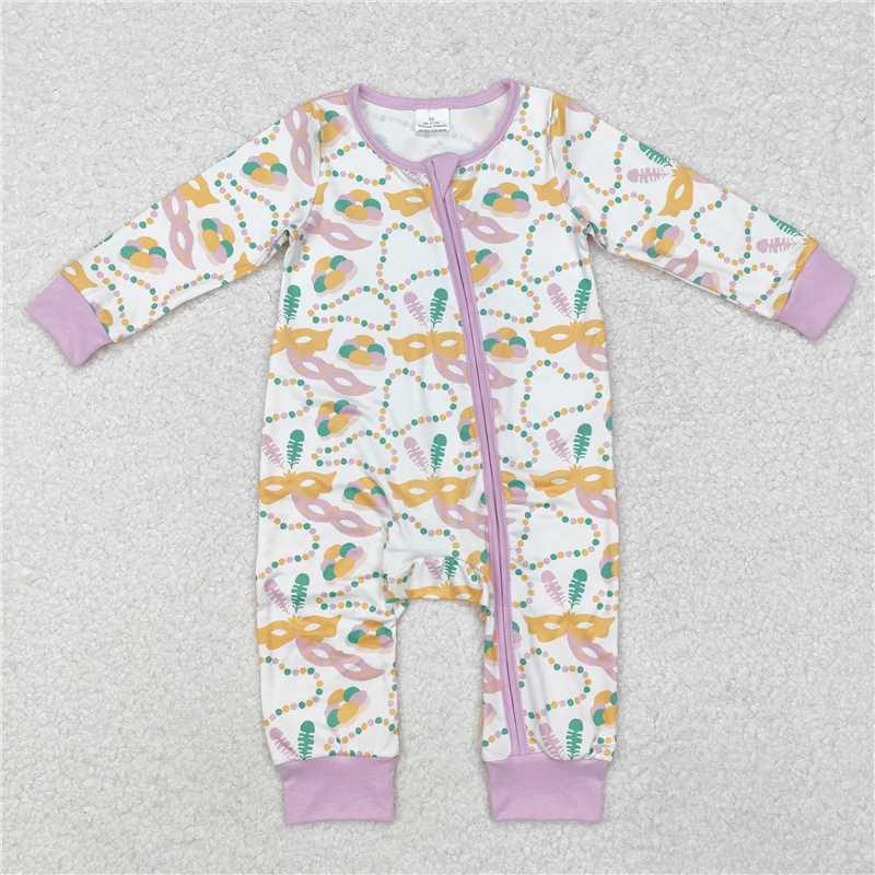 RTS NO MOQ Baby Girls Bodysuit LR2097 Mardi Gras Masks Lavender Long Sleeve Zip Rompers
