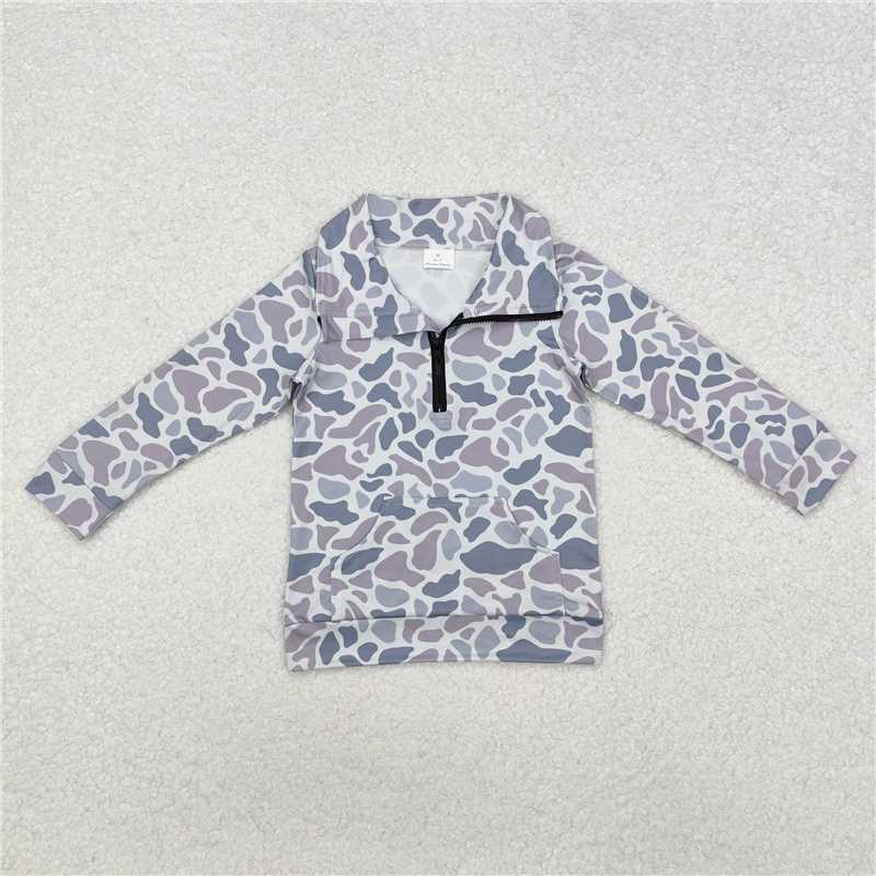 RTS NO MOQ Baby Boys Long Sleeve BT1041 Grey Camo Zip Pocket Pullovers Tops