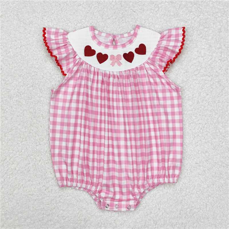 7.11 RTS NO MOQ Summer Baby Girls Bodysuit SR2214 Valentines Hearts Bow Checkered Smocked Rompers