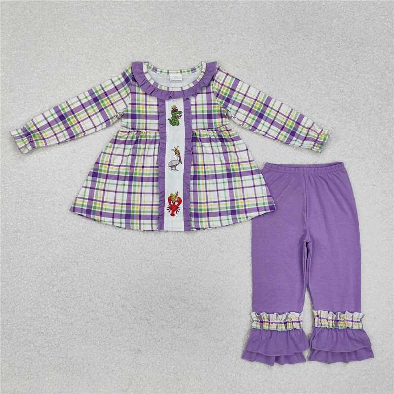 RTS NO MOQ Baby Girls Long Sleeve Outfits GLP2114 Checkered Crawfish Mardi Gras Tunic Ruffle Pants Clothes Sets