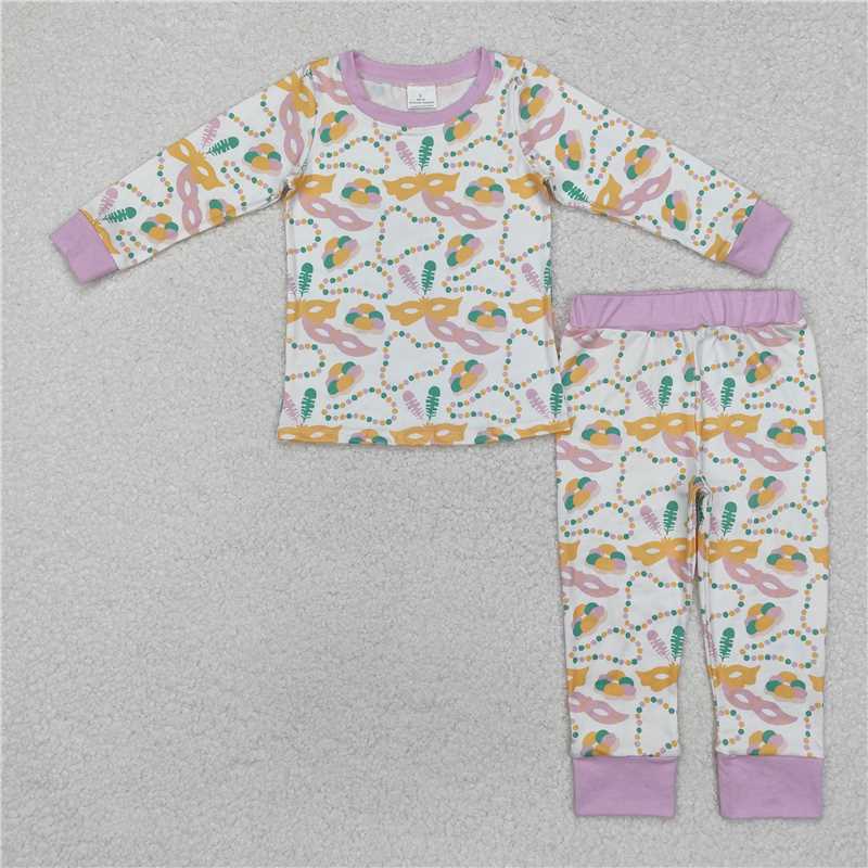 RTS NO MOQ Baby Girls Long Sleeve Outfits GLP2184 Mardi Gras Masks Lavender Shirts Pants Pajamas Clothes Sets