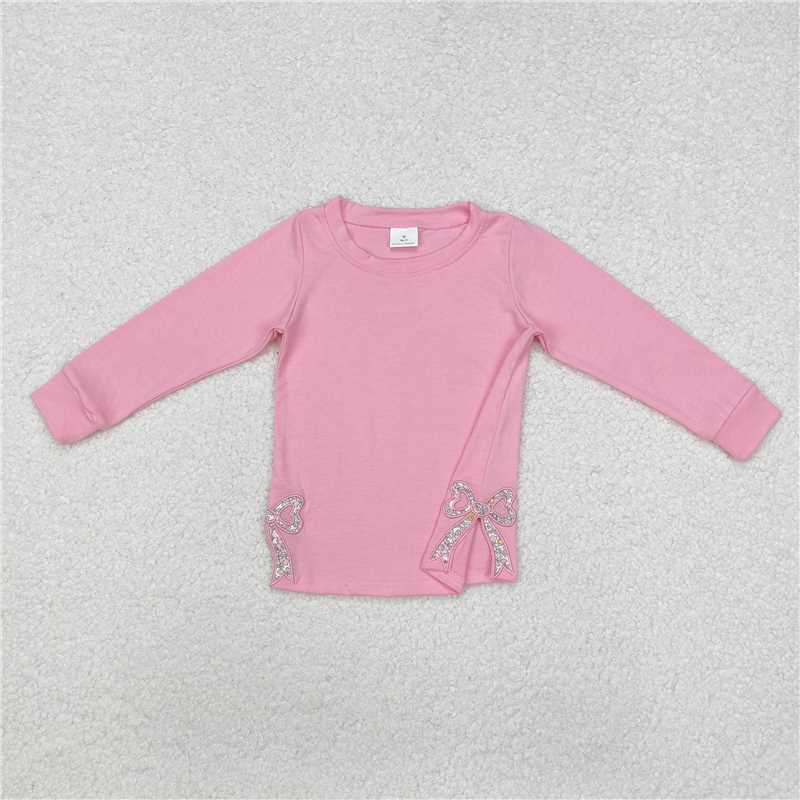 RTS NO MOQ Baby Girls Long Sleeve GT0872 Pink Bows Side Embroidery Tee Shirts Tops