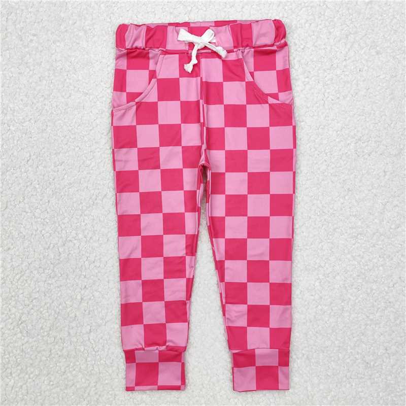 RTS NO MOQ Baby Girls Long Pants P0700 Hot Pink Checkered Pocket Pants