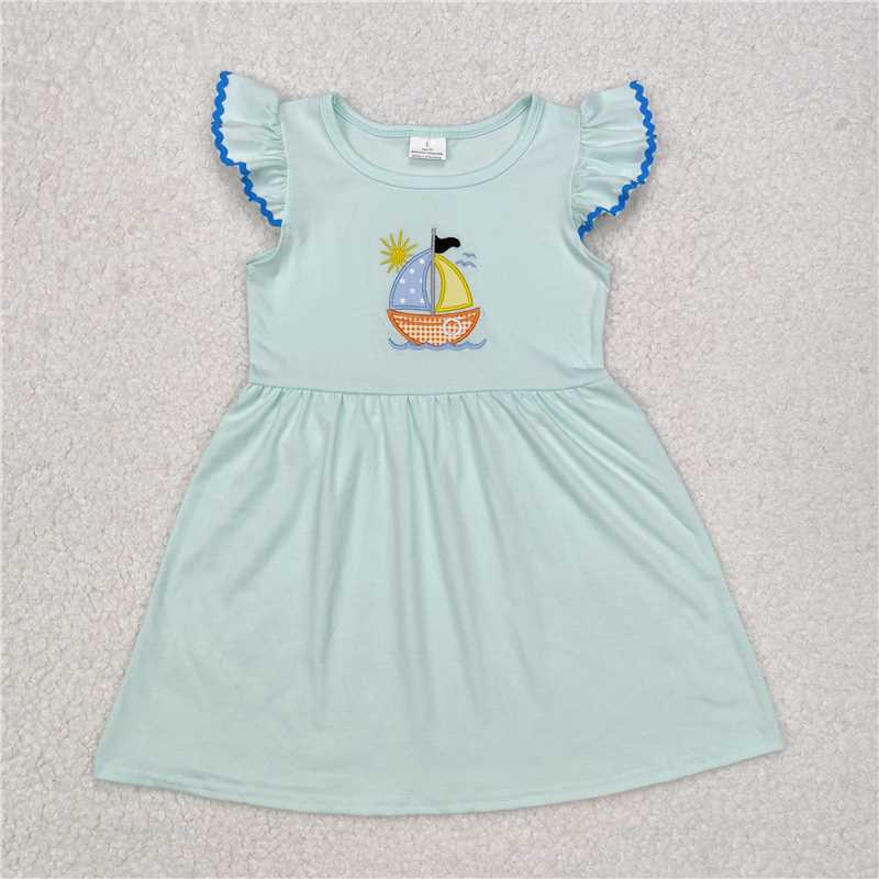 7.9 RTS NO MOQ Summer Baby Girls Dresses GSD1539 Sailboat Flutter Sleeve Knee Length Dresses
