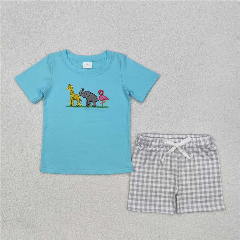RTS NO MOQ Baby Boys kids Summer Sets BSSO1019 Giraffe Elephant Bird Animal Blue Short Sleeve Gray Plaid Shorts Suit
