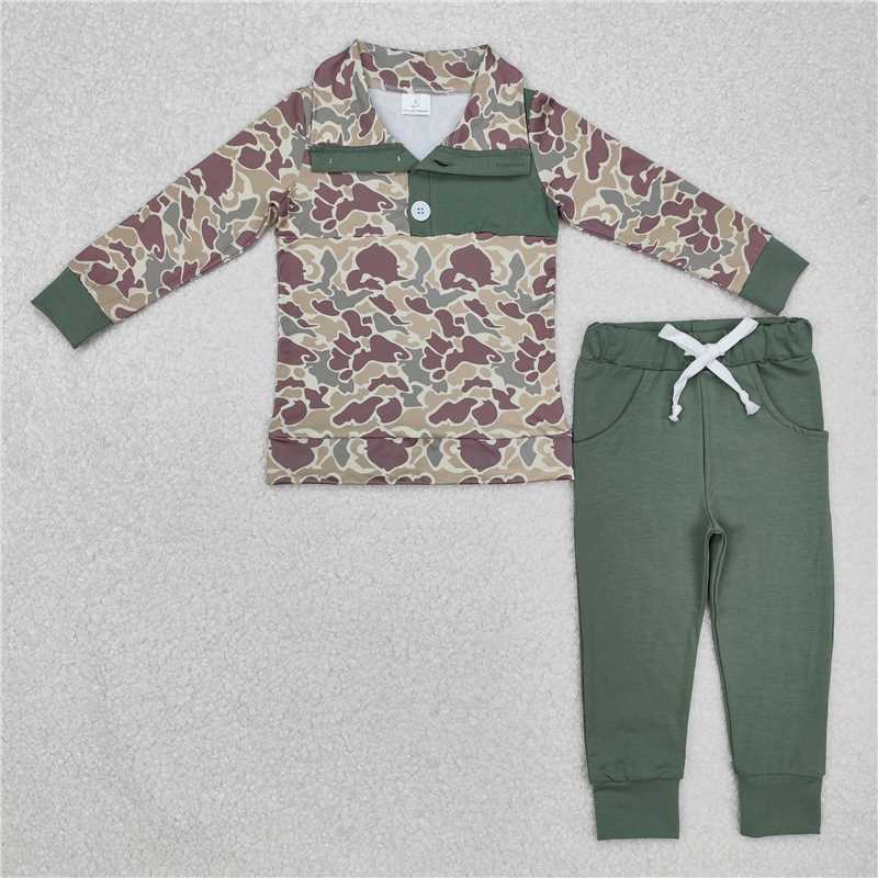 RTS NO MOQ Baby Boys Sets BLP0491 Fall Green Camo Pullovers Tops Shirt Pants Clothes Sets