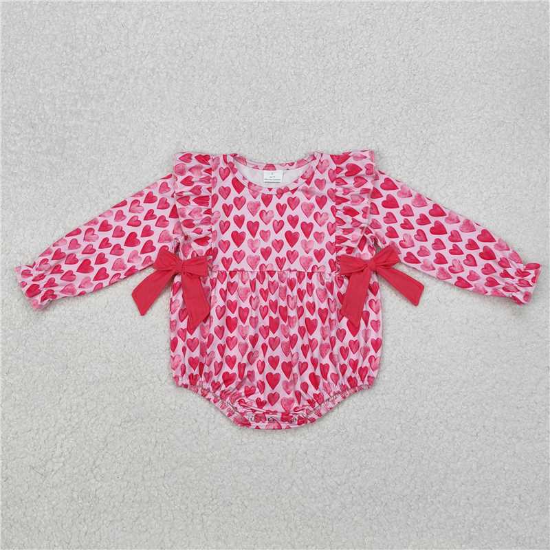 RTS NO MOQ Baby Girls Bodysuit LR2146 Pink Hearts Bows Long Sleeve Valentines Rompers