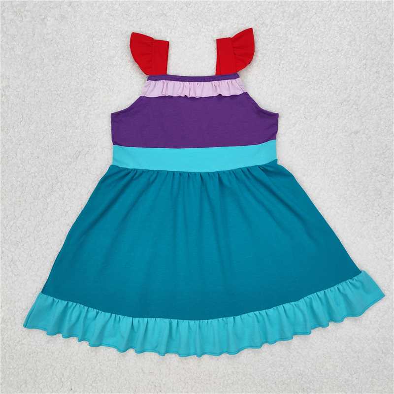 RTS NO MOQ Summer Baby Girls Dresses GSD1875 Red Green Purple Flutter Sleeve Ruffle Princess Knee Length Dresses