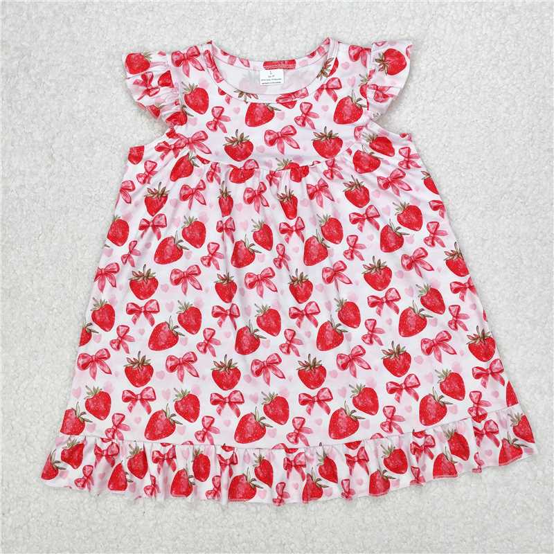 RTS NO MOQ Summer Baby Girls Dresses GSD1811 Flutter Sleeves Strawberry Bows Ruffle Knee Length Dresses