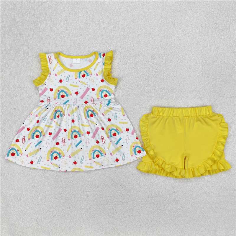 RTS NO MOQ Baby Girls Summer Sets GSSO1913 Rainbow Back To School Tunic Ruffle Shorts Clothes Sets