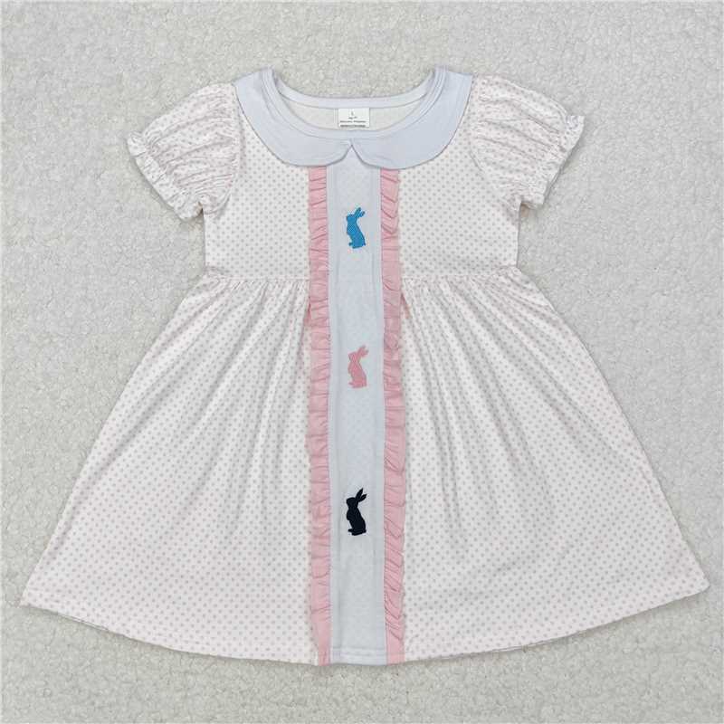 7.9 RTS NO MOQ Summer Baby Girls Dresses GSD1771 Easter Rabbits Polka Dots Knee Length Dresses