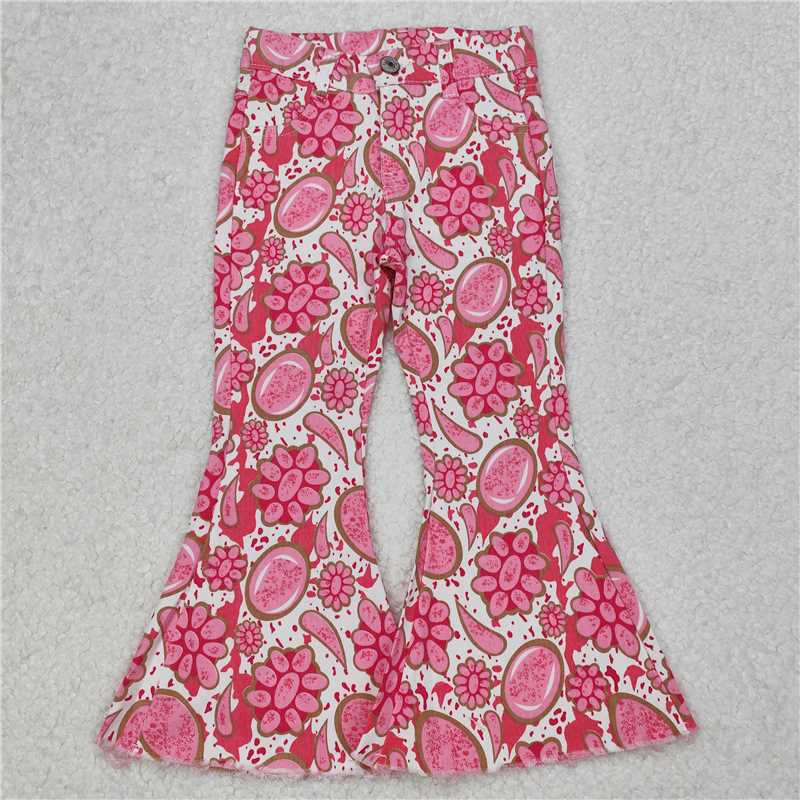 RTS NO MOQ Baby girls pants P0735 Pink Turquoise Denim Flare Pants Jeans