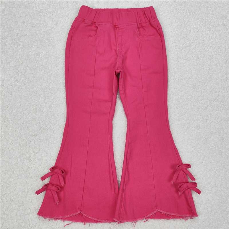 RTS NO MOQ Baby girls pants P0731 Hot Pink Bows Denim Flare Pants Jeans