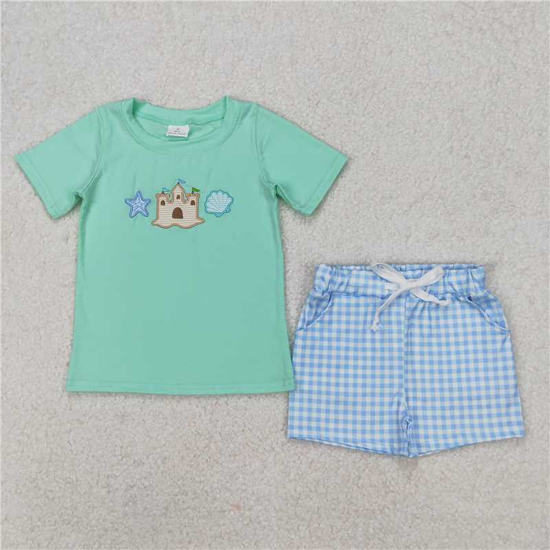 RTS NO MOQ Baby Boys kids Summer sets BSSO1266 Starfish Castle Shell Blue Short Sleeve Plaid Shorts Set
