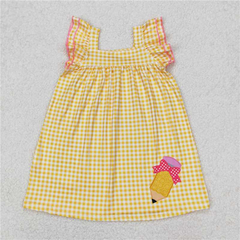 RTS NO MOQ Baby Girls Summer Skirt GSD2012 Yellow Plaid Flutter Sleeves Back To School Pencil Knee Length Dresses