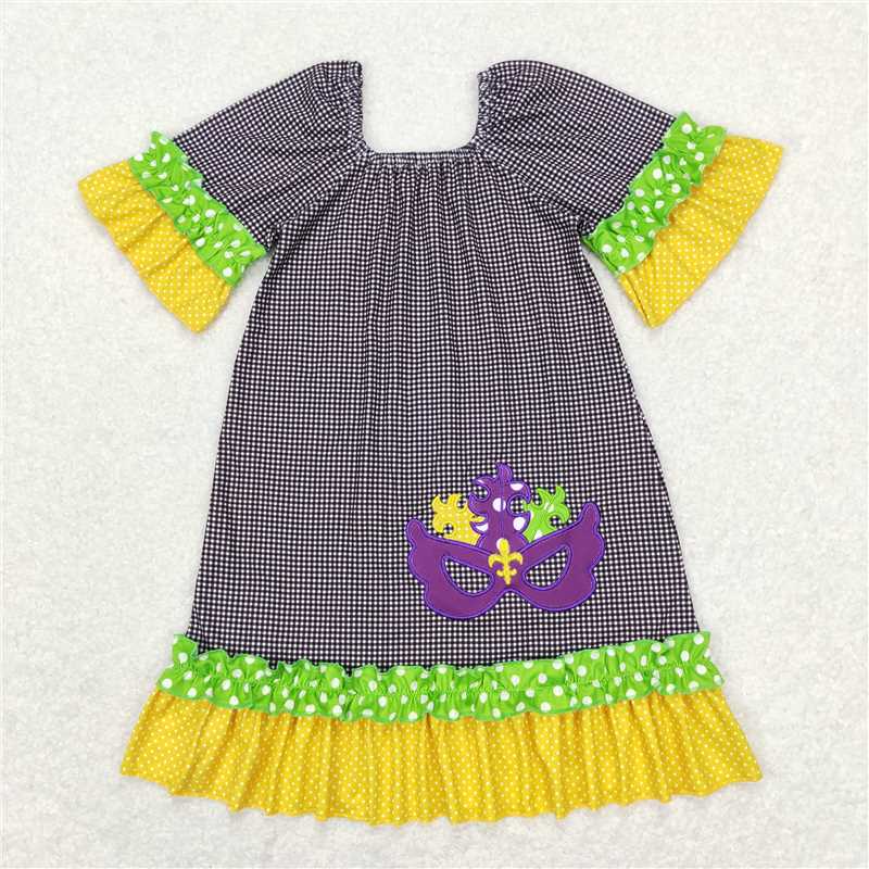 8.2 RTS NO MOQ Summer Baby Girls Dresses GSD0499 Mardi Gras Black Checkered Ruffle Knee Length Dresses