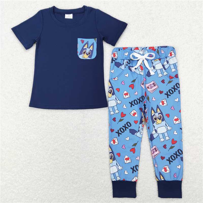5.27 RTS NO MOQ Baby Boys Summer Sets BSPO0271 Valentines Navy Dog Hearts Short Sleeve Shirts Pants Clothes Sets