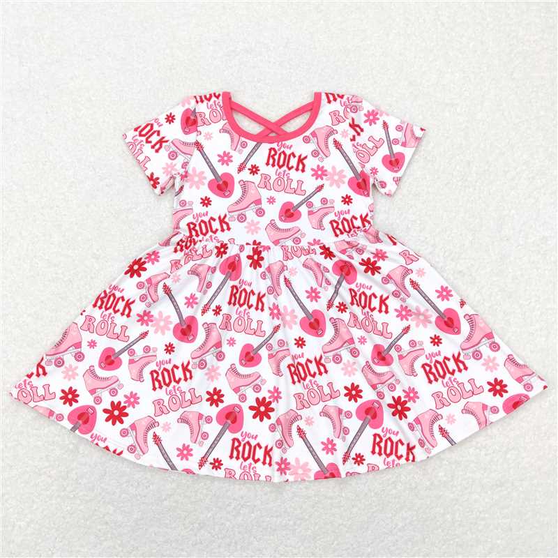 8.1 RTS NO MOQ Summer Baby Girls Dresses GSD0624 Valentines Rock Roll Short Sleeve Knee Length Dresses