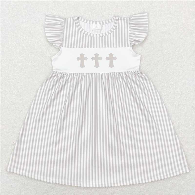 8.1 RTS NO MOQ Summer Baby Girls Dresses GSD0568 Grey Stripes Easter Cross Knee Length Dresses