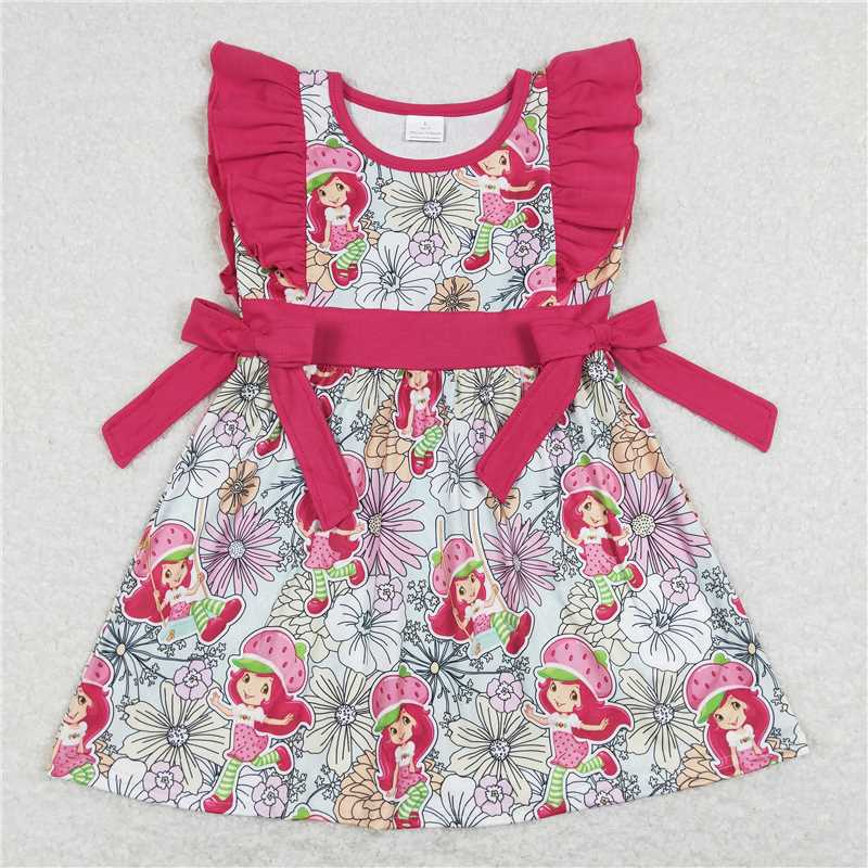 8.1 RTS NO MOQ Summer Baby Girls Dresses GSD0613 Spring Strawberry Bows Flutter Sleeve Knee Length Dresses