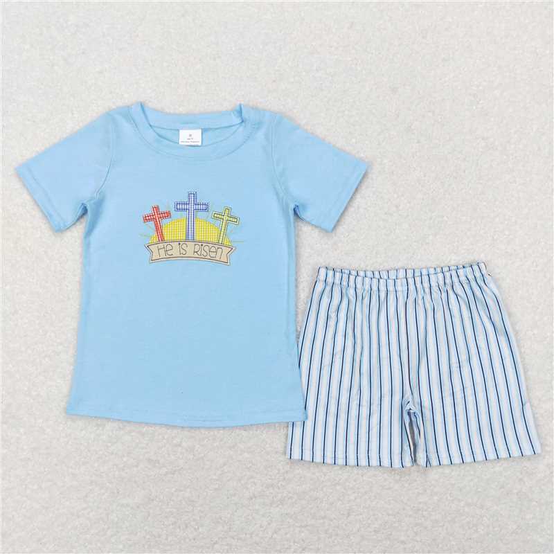 RTS NO MOQ Baby Boys kids Summer Sets BSSO0356 Easter He Is Risen Cross Short Sleeve Top Short Clothes Sets