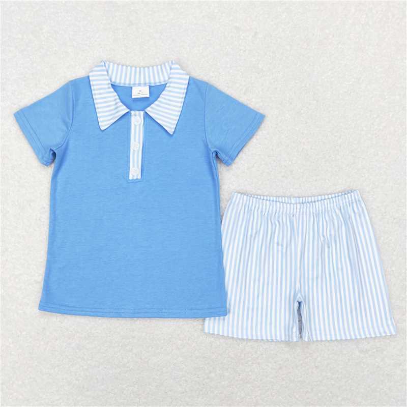 RTS NO MOQ Baby Boys kids Summer Sets BSSO0402 Blue Buttons Top Blue Stripes Shorts Outfits Clothing Sets