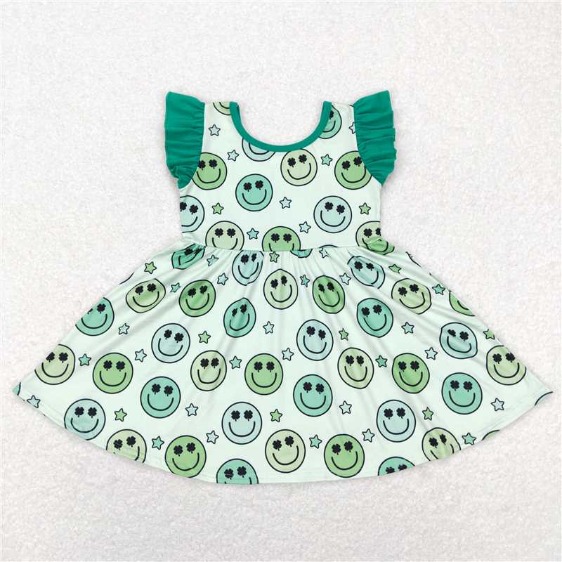 8.1 RTS NO MOQ Summer Baby Girls Dresses GSD0643 St Patrick Day Smile Green Knee Length Dresses