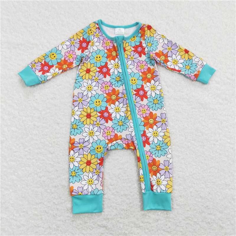 7.26 RTS NO MOQ Baby Girls Bodysuit LR0899 Spring Blue Flowers Zip Rompers