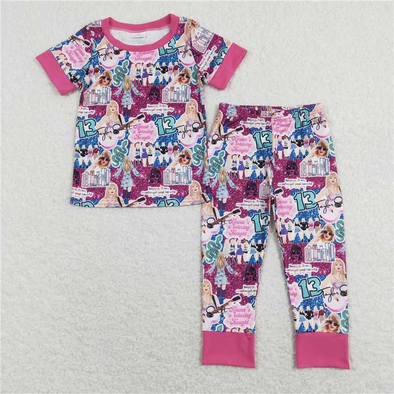 7.14 RTS NO MOQ Baby Girls Summer Kids Sets GSPO1332 Pink Short Sleeve Top Pants Pajamas Clothes Sets