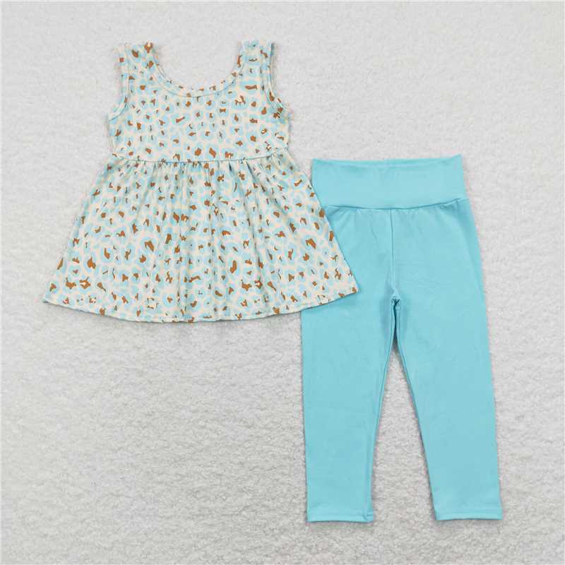7.14 RTS NO MOQ Baby Girls Summer Kids Sets GSPO1177 Leopard Sleeveless Green Top Legging Pants Clothes Sets