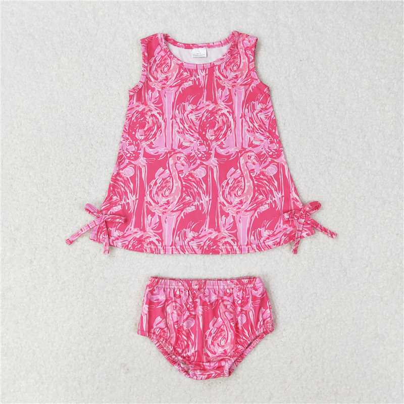 RTS NO MOQ Baby Girls Summer Outifts GBO0345 Pink Flamingo Tunic Top Bummies Clothes Sets