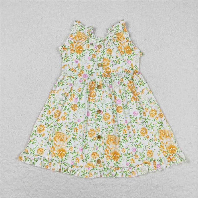 7.30 RTS NO MOQ Summer Baby Girls Dresses GSD0983 Yellow Flowers Sleeveless Buttons Knee Length Dresses