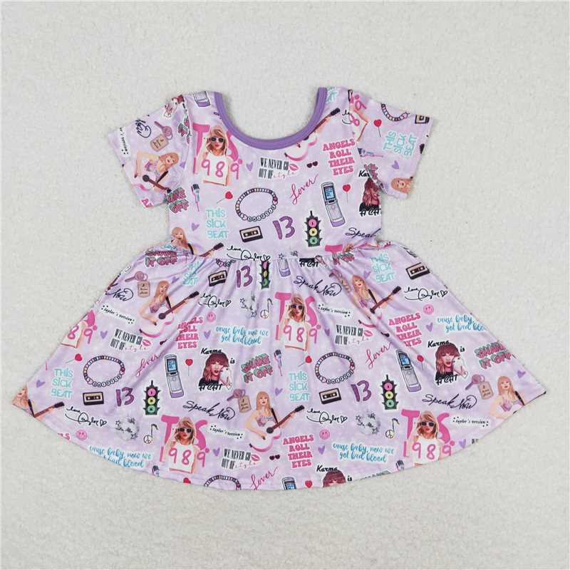 7.30 RTS NO MOQ Summer Baby Girls Dresses GSD1167 Purple Singer 1989 TS Knee Length Dresses