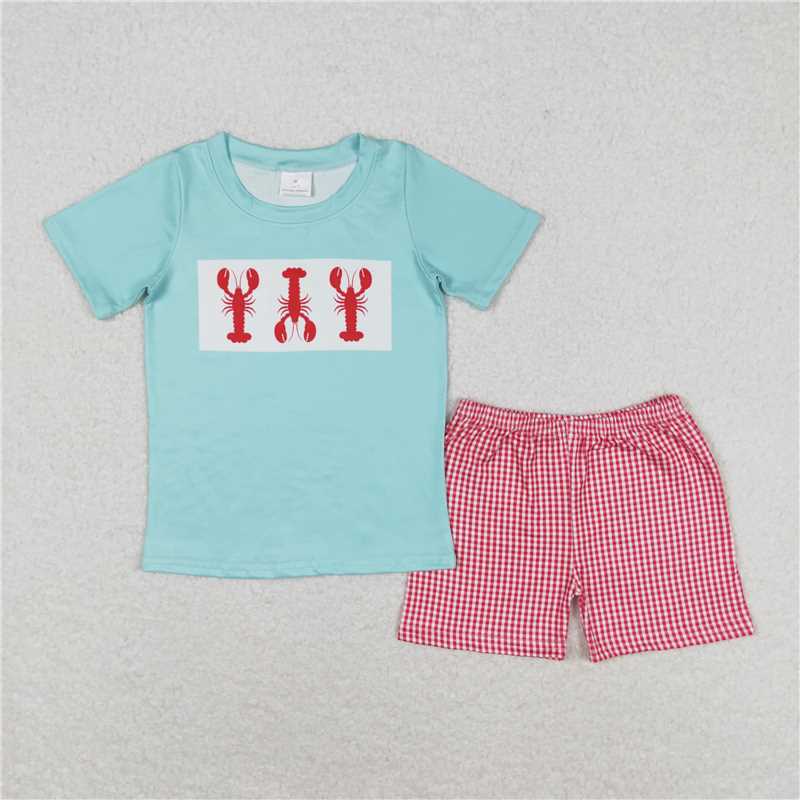 RTS NO MOQ Baby Boys kids Summer Sets BSSO0597 Crayfish Teal Short Sleeve Red and White Plaid Shorts Set