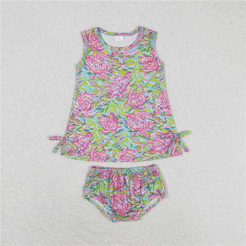 RTS NO MOQ Baby Girls Summer Outifts GBO0352 Pink Turtle Top Bows Bummies Clothes Sets