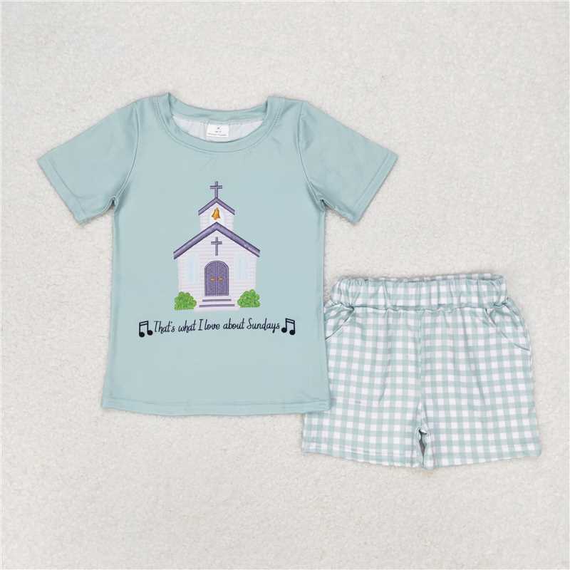 RTS NO MOQ Baby Boys kids Summer Sets BSSO0858 Teal Short Sleeve Plaid Shorts Set