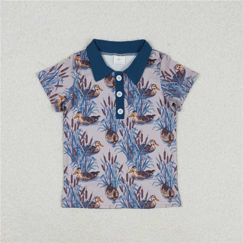 RTS NO MOQ Summer Baby Boys Shirt BT0536 Blue Short Sleeve Duck Buttons Tee Shirts Tops