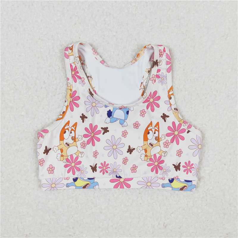 RTS NO MOQ Summer Baby Girls Short Sleeve GT0516 Blue Dog Flowers Sleeveless Vest Crop Tops