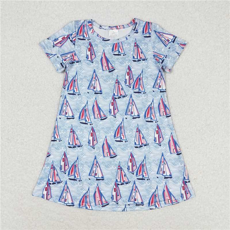 7.30 RTS NO MOQ Summer Baby Girls Dresses GSD1161 Sail Boats Short Sleeve Knee Length Dresses