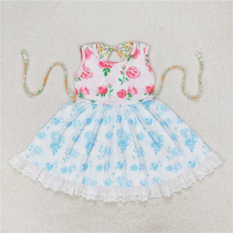 7.30 RTS NO MOQ Summer Baby Girls Dresses GSD0987 Pink Flowers Blue Belt Floral Ruffle Knee Length Dresses
