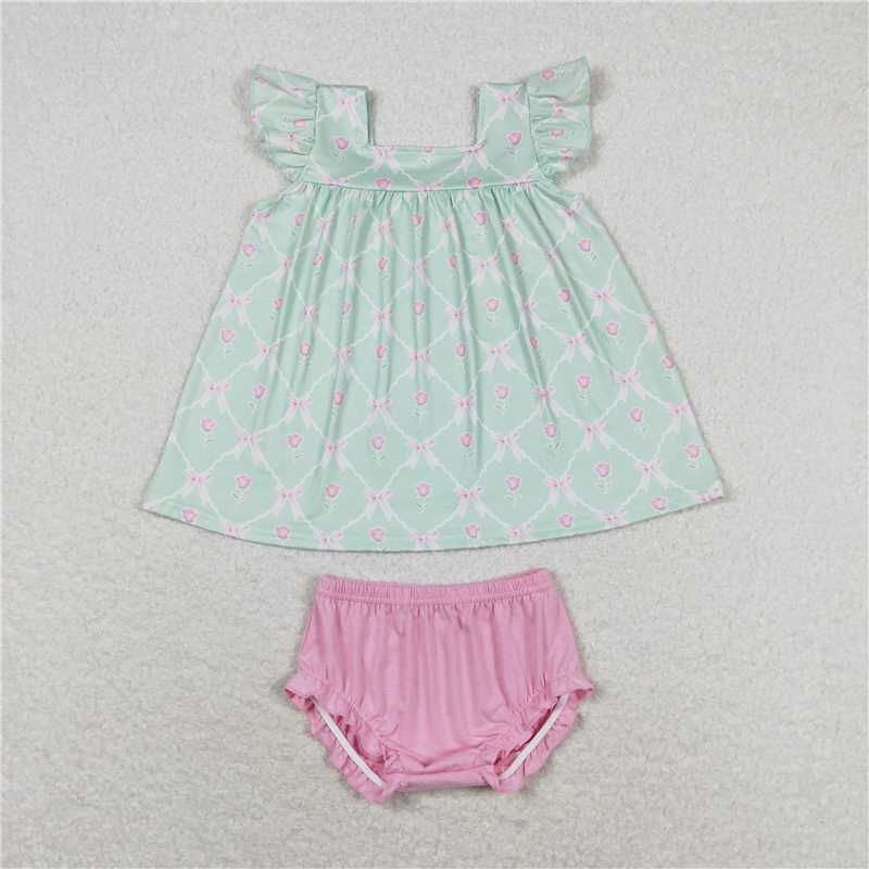 RTS NO MOQ Baby Girls Summer Outifts GBO0353 Flutter Sleeves Green Bows Top Bummies Clothes Sets