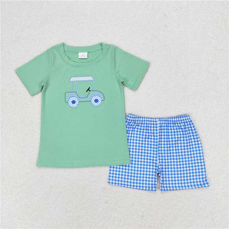 RTS NO MOQ Baby Boys kids Summer Sets BSSO0692 Golf Short Sleeve Shirt Blue Checkered Shorts Clothes Sets