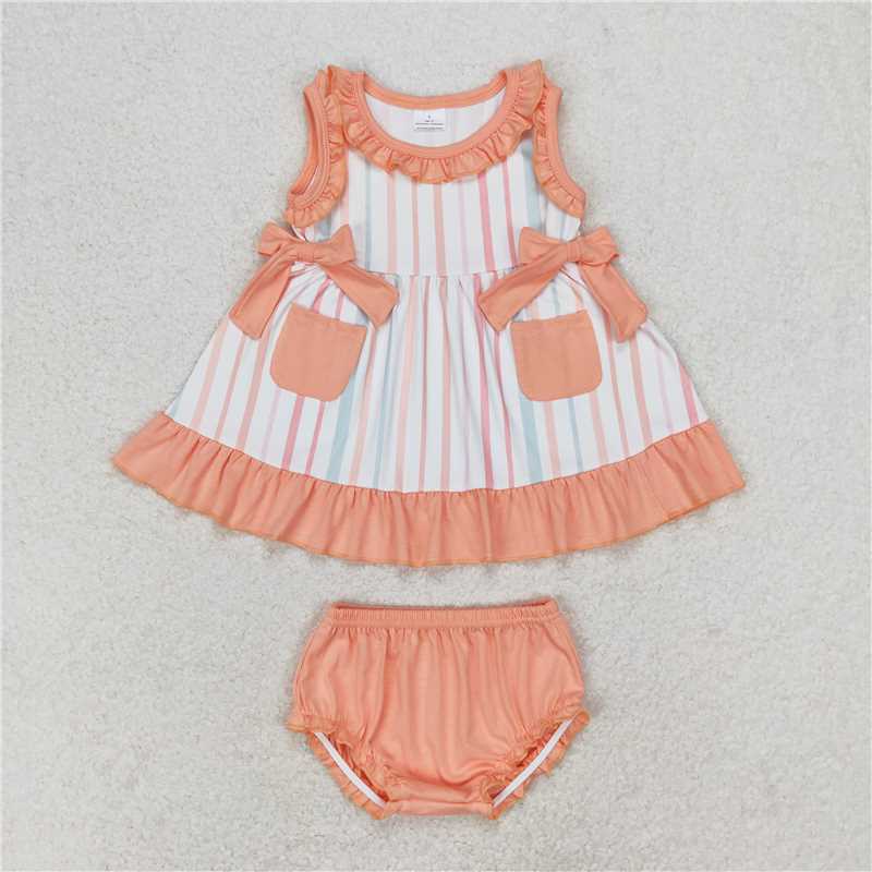 RTS NO MOQ Baby Girls Summer Outifts GBO0293 Orange Stripes Sleeveless Top Summer Bummies Clothes Sets
