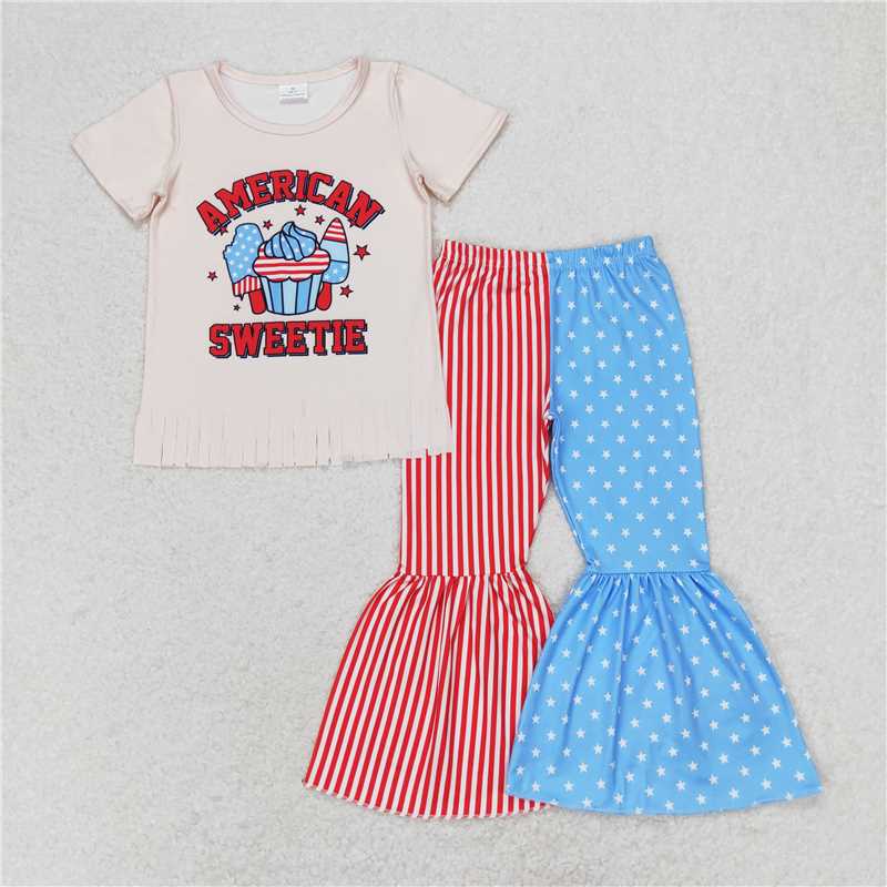 RTS NO MOQ Baby Girls Summer Kids Sets GSPO1485 American 4th Of July Sweetie Tassel Tops Bell Pants Clothes Sets