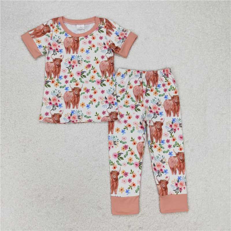 RTS NO MOQ Baby Girls Summer Kids Sets GSPO1439 Highland Cows Flowers Tops Pants Pajamas Outfits Clothes Sets