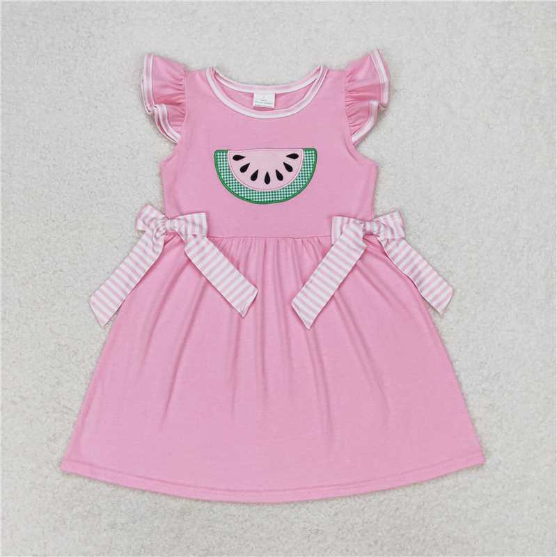 7.30 RTS NO MOQ Summer Baby Girls Dresses GSD1104 Watermelon Pink Bows Flutter Sleeve Knee Length Dresses