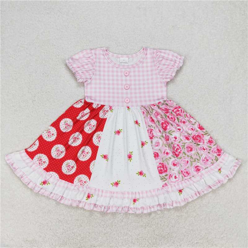 7.30 RTS NO MOQ Summer Baby Girls Dresses GSD0887 Short Sleeve Floral Ruffle Knee Length Dresses